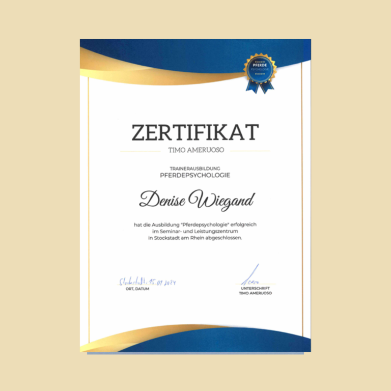 Zertifikat für die Weiterbildung in Körperpsychologie von Denise Wiegand.